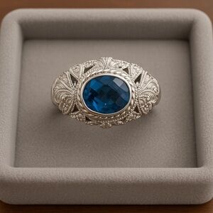 Judith Ripka London Blue Topaz Sterling Silver 925 Rope & Leaf Ring EC 8 #329